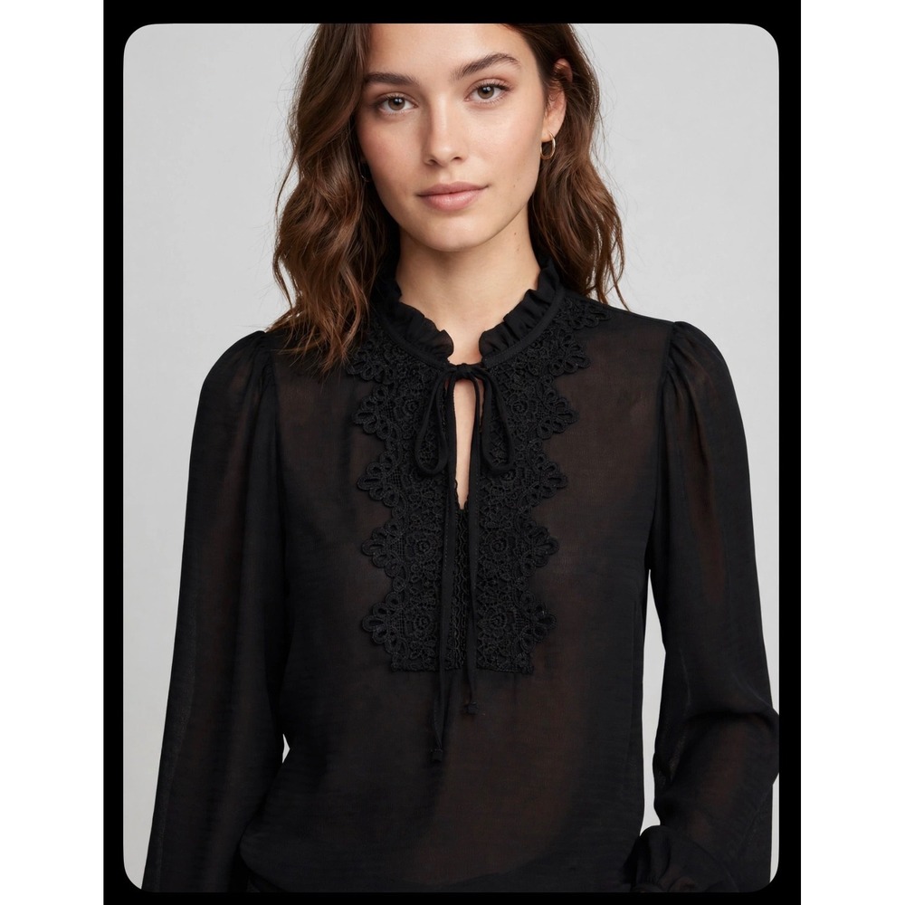 Mele E Pere Black Lace Trim Ruffle Neck Chiffon Blouse Small